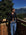 A woman stands on a wooden balcony wearing a black zip-up long-sleeve top and blue jeans, with a scenic mountain landscape and pine trees in the background under a clear blue sky.