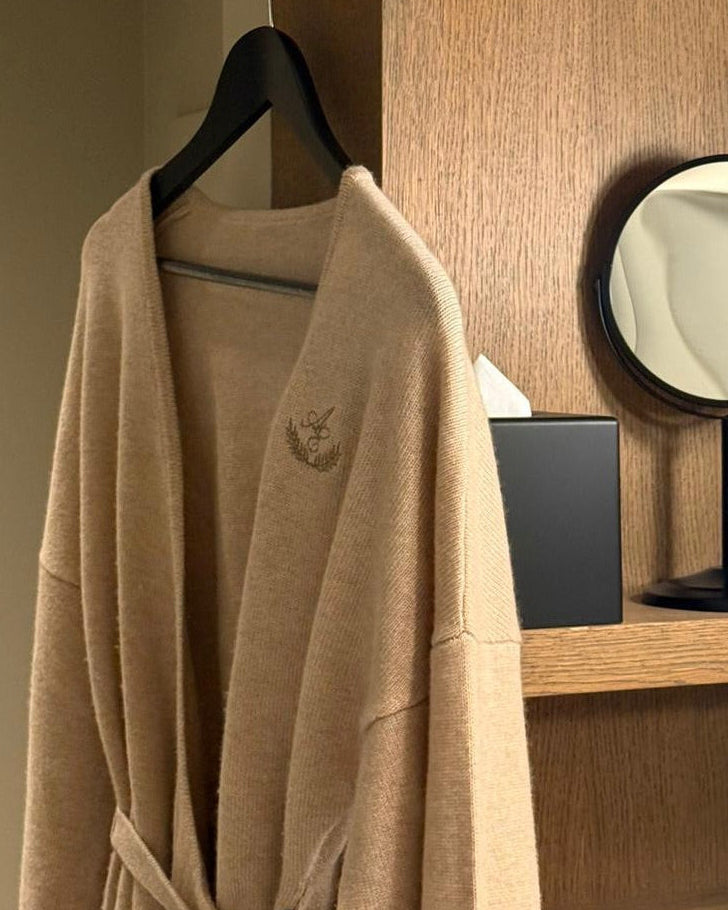 Aeris loungewear cardigan wool cashmere close up embroided logo