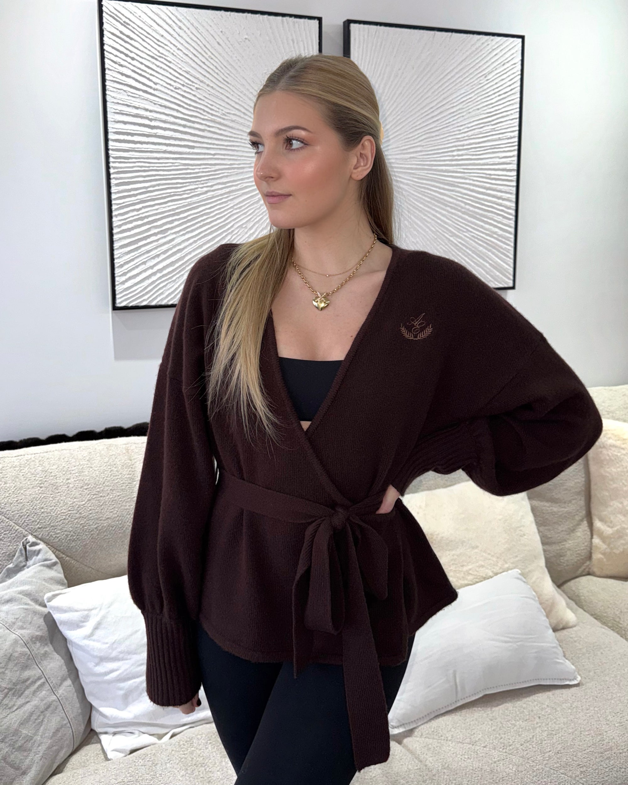 Eleanor merino wool and cashmere cardigan in dark red - front view